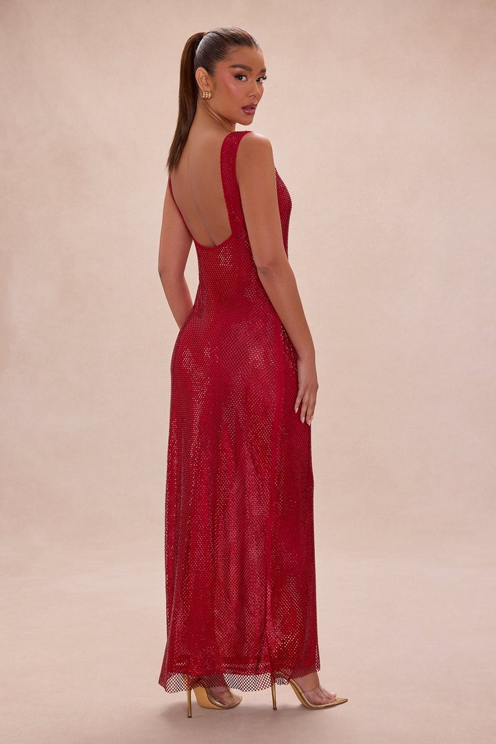 Dazzling Nights Rhinestone Maxi Dress - DarkRed