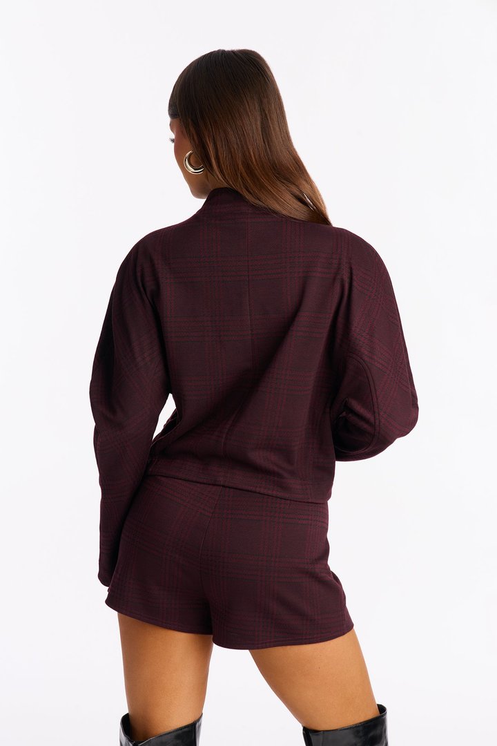 Layla Plaid Jacket Short Set - Wine