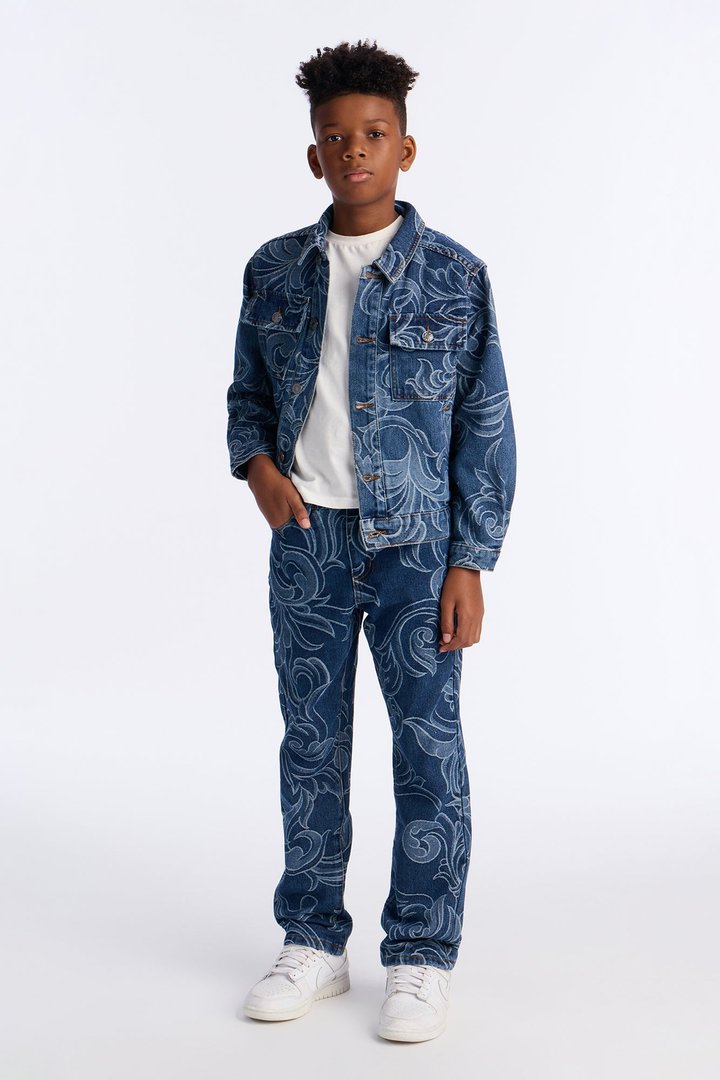 Mini Straight Baroque Jacquard Jean - Medium Blue Wash