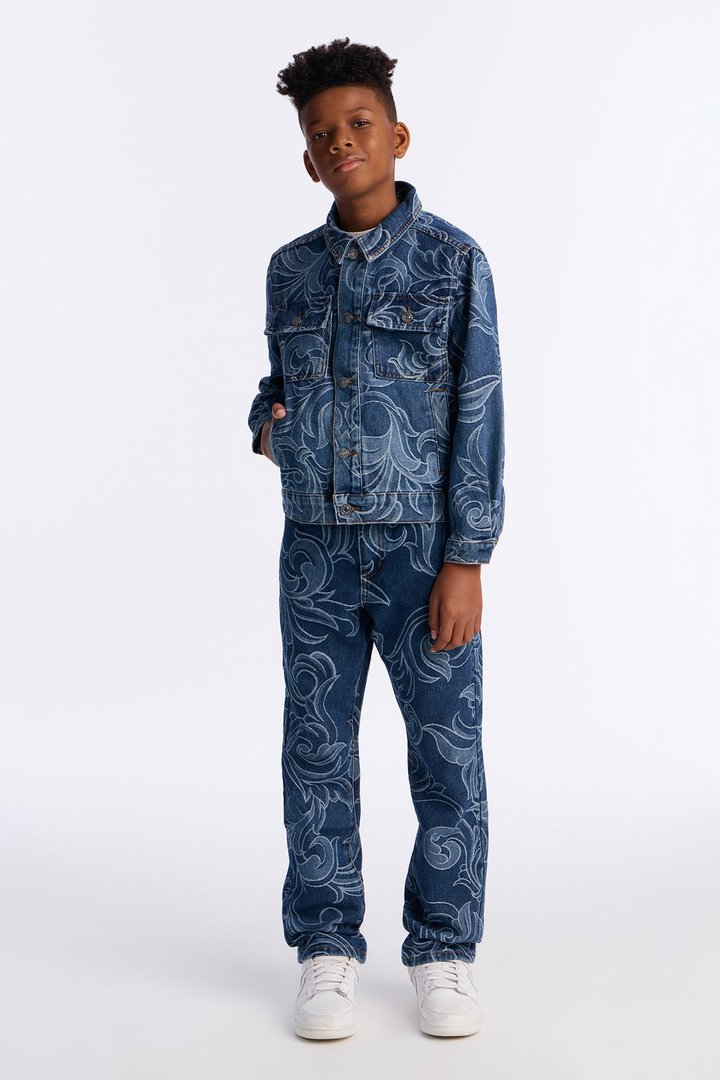 Mini Relaxed Cropped Baroque Jacquard Denim Jacket - Medium Blue Wash