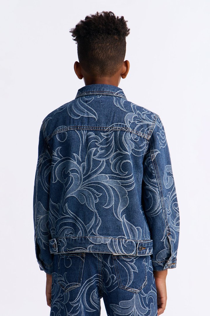 Mini Relaxed Cropped Baroque Jacquard Denim Jacket - Medium Blue Wash