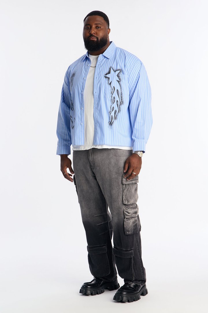 Oversized Pin Stripe Star Button Up Shirt - Light Blue
