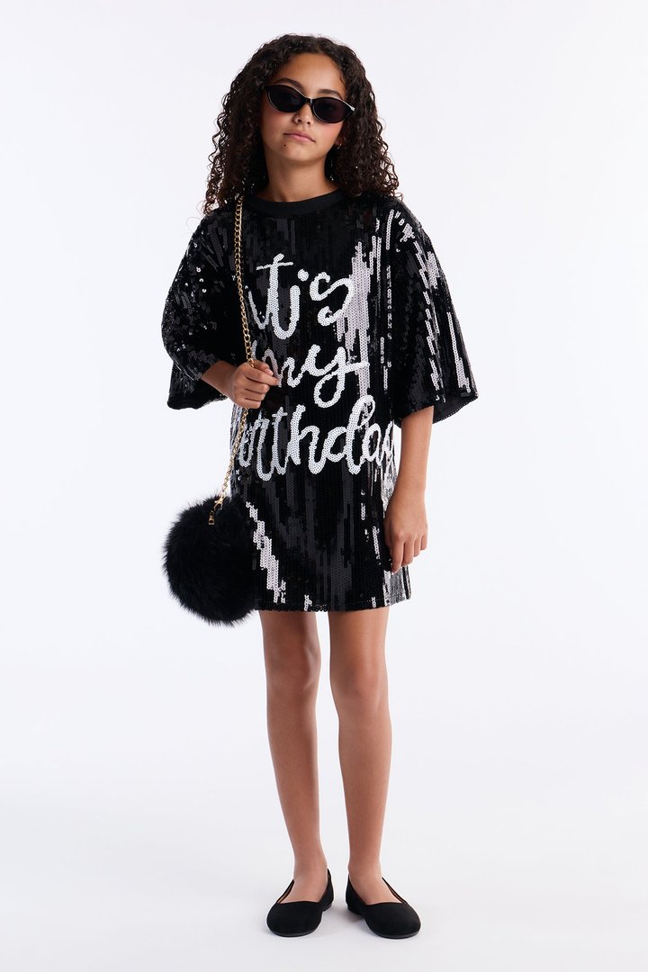 Mini Birthday Princess Sequin Shirt Dress - Black