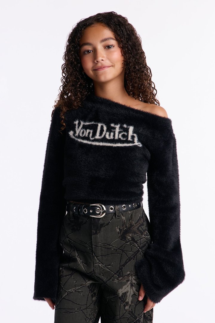 Mini Von Dutch Fuzzy One Shoulder Top - Black