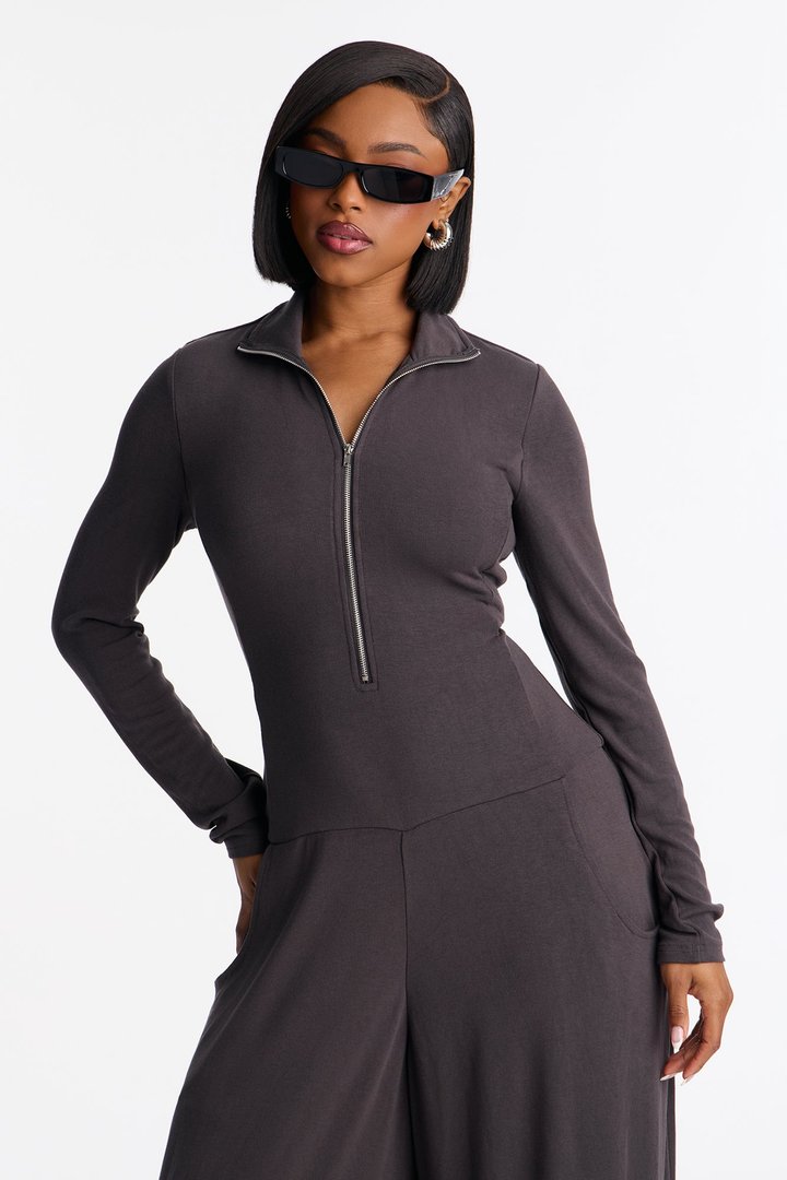 Catching The Vibes Balloon Wide Leg Jumpsuit - Charcoal
