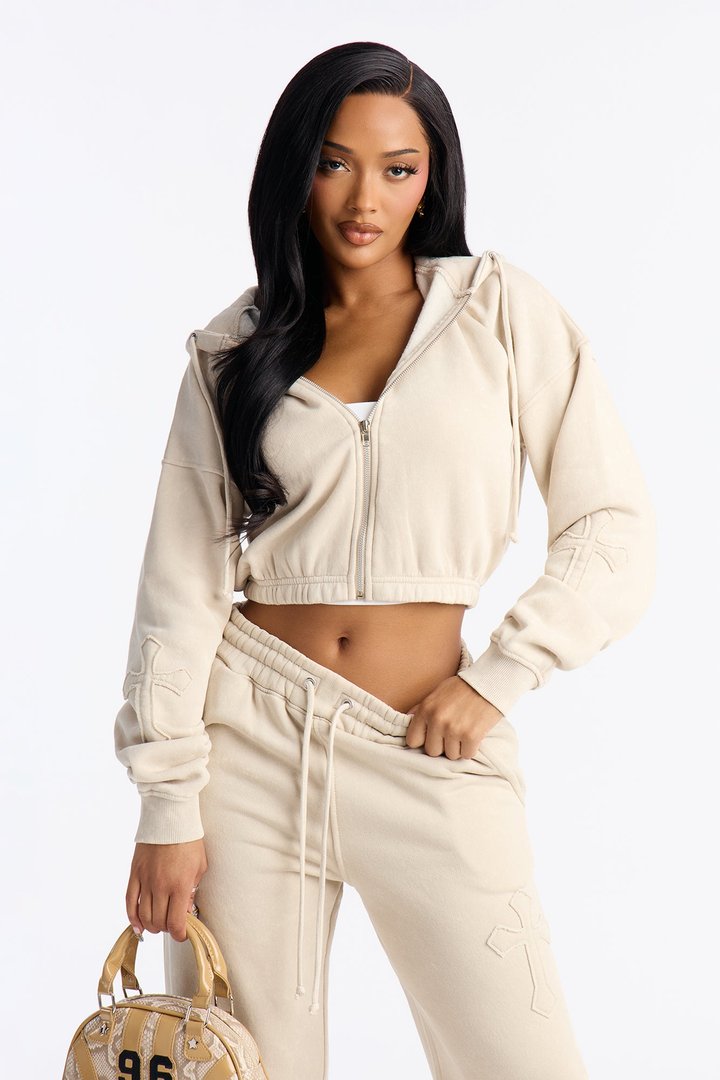 Don't Cross Me Washed Fleece Lounge Hoodie - Stone