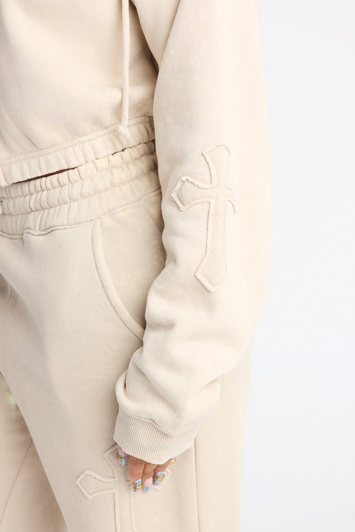 Don't Cross Me Washed Fleece Lounge Hoodie - Stone