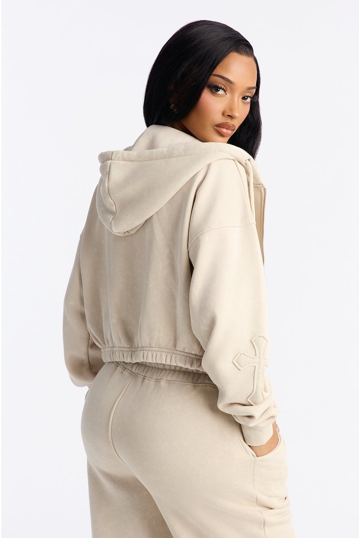 Don't Cross Me Washed Fleece Lounge Hoodie - Stone
