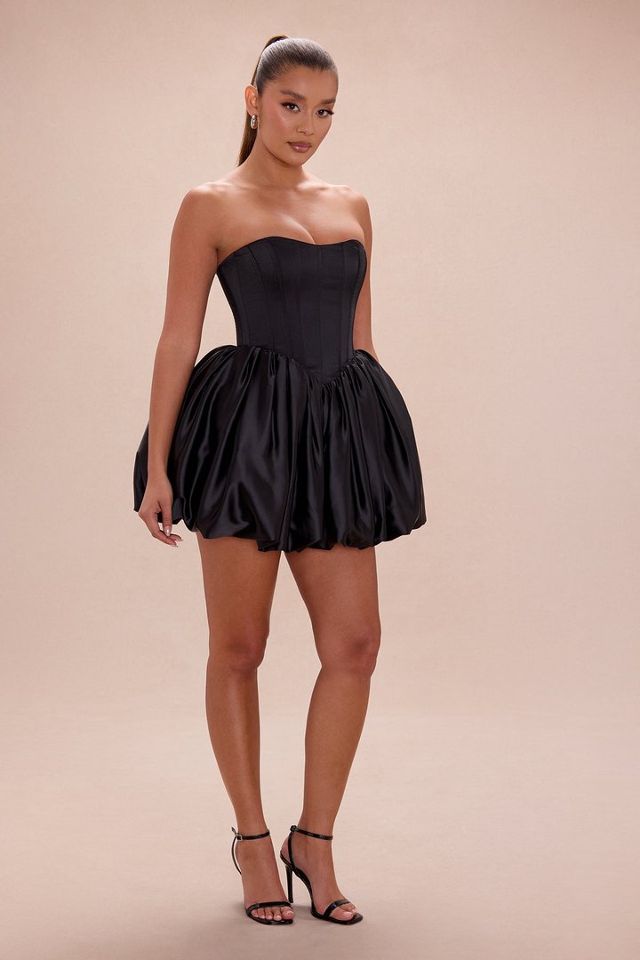 Briella Bubble Satin Mini Dress - Black