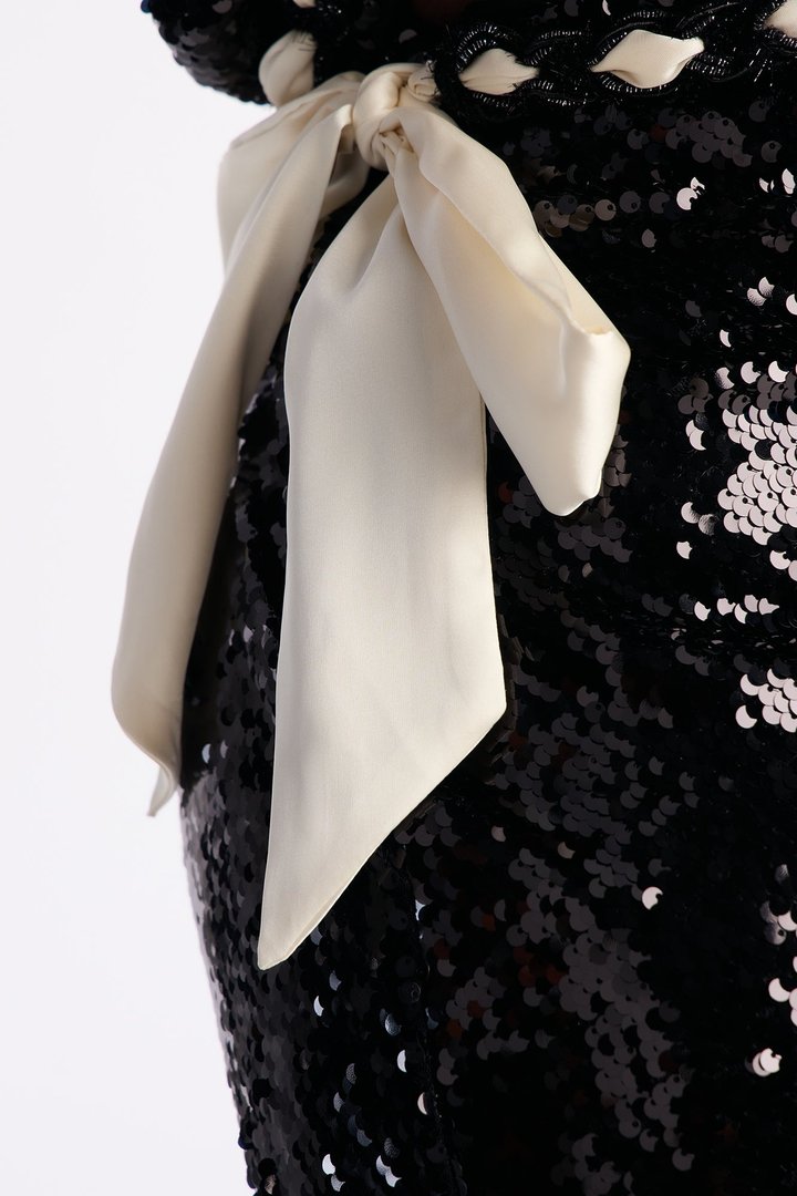 Holiday Glam Satin Sash Sequin Mini Skirt - Black/combo