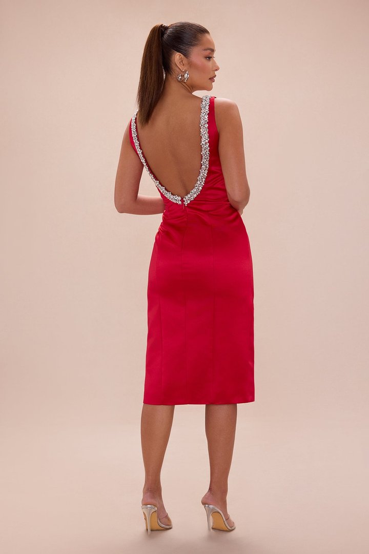 Mariah Rhinestone Satin Midi Dress - Red