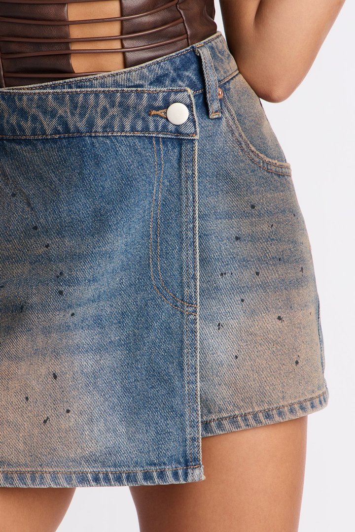 Alicia Vintage Wash Wrap Denim Mini Skort - Medium Wash