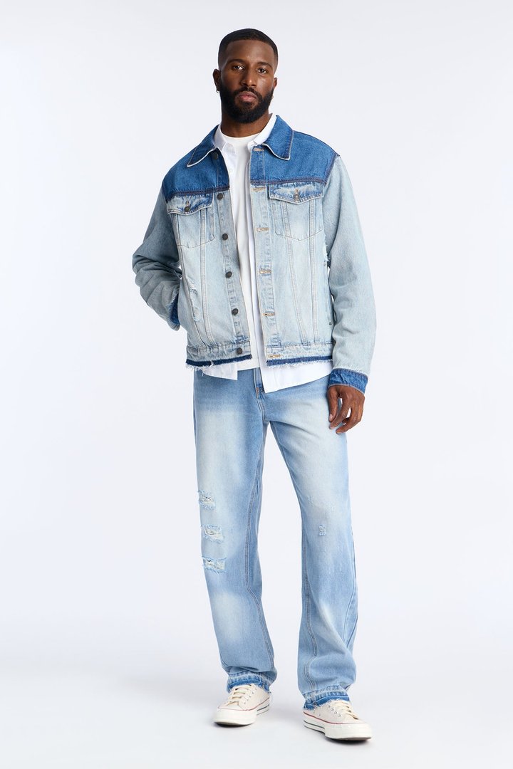 Ruthless Back Hit Denim Trucker Jacket - Light Blue Wash