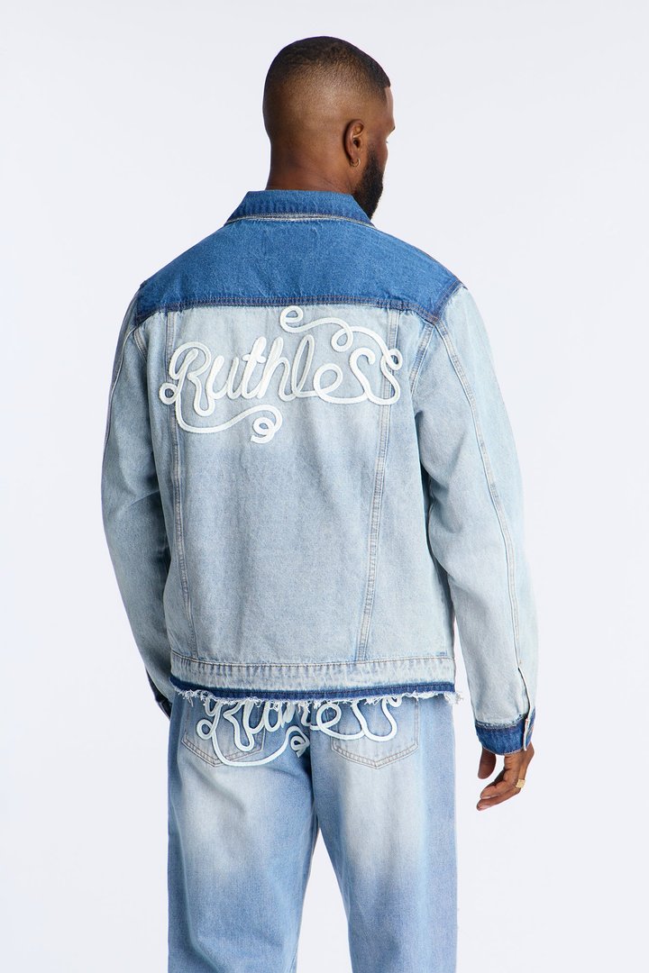 Ruthless Back Hit Denim Trucker Jacket - Light Blue Wash