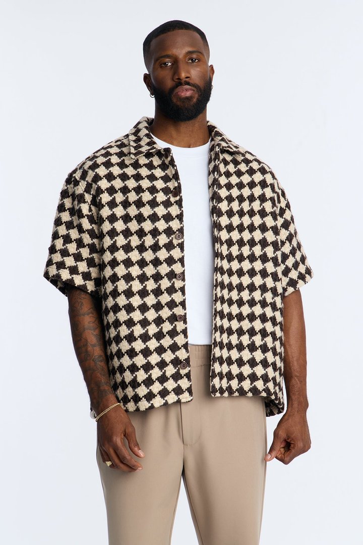 Boxy Cropped Mosaic Button Up Shirt - Brown