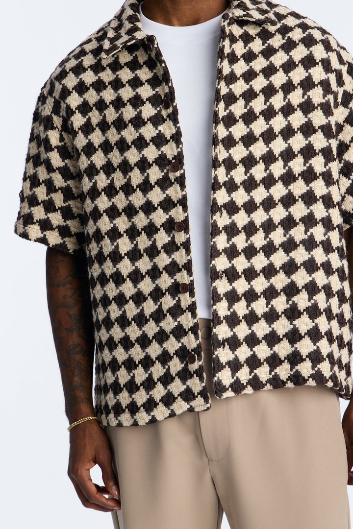 Boxy Cropped Mosaic Button Up Shirt - Brown