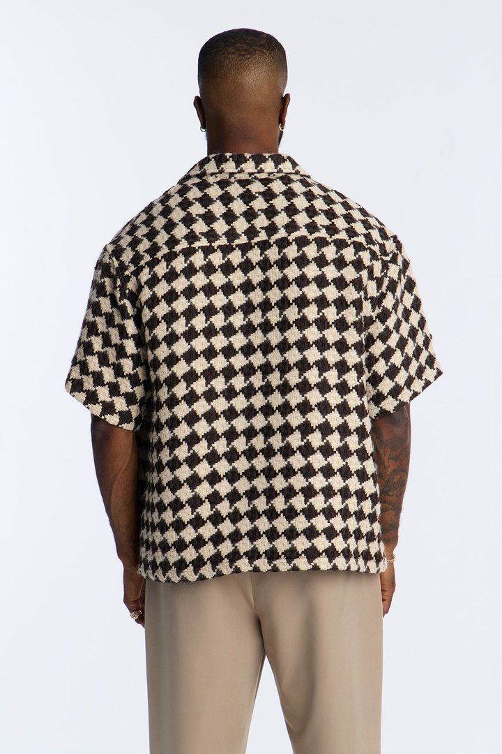 Boxy Cropped Mosaic Button Up Shirt - Brown