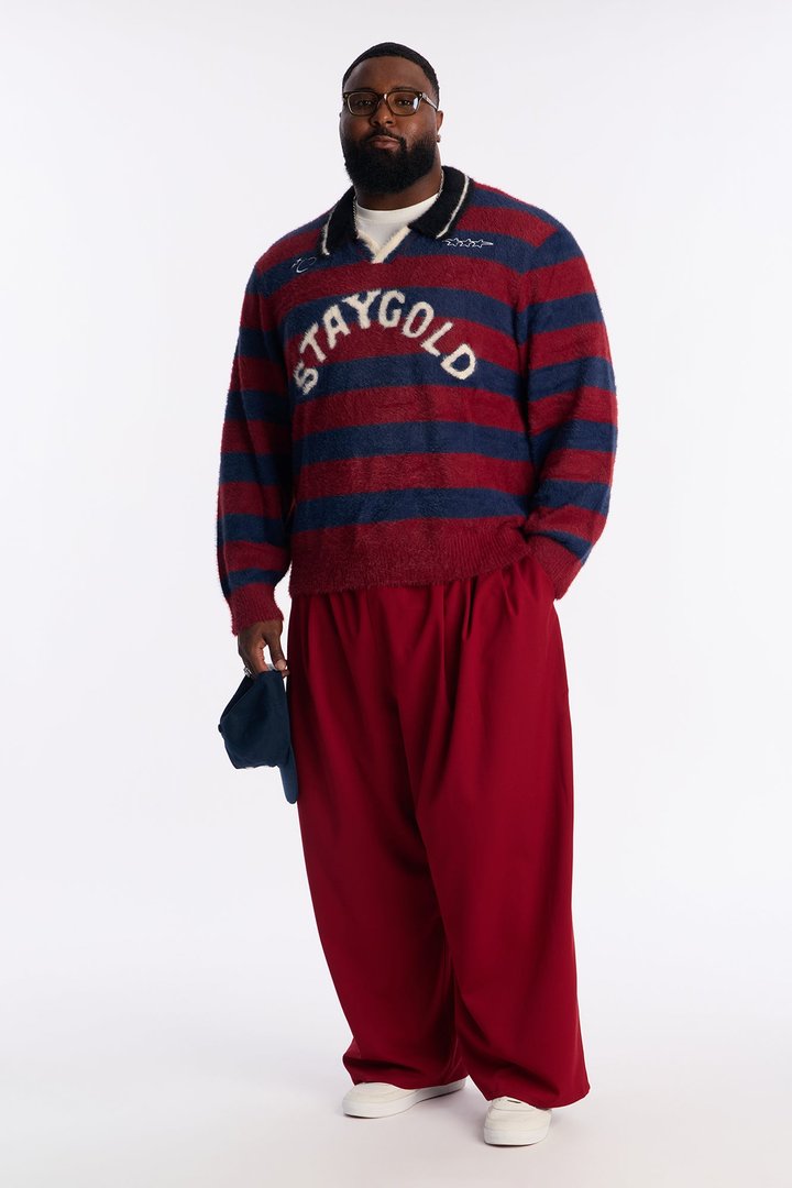 Stay Gold Striped Brushed Sweater - Red