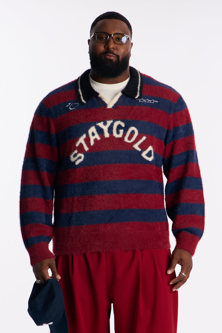 Stay Gold Striped Brushed Sweater - Red