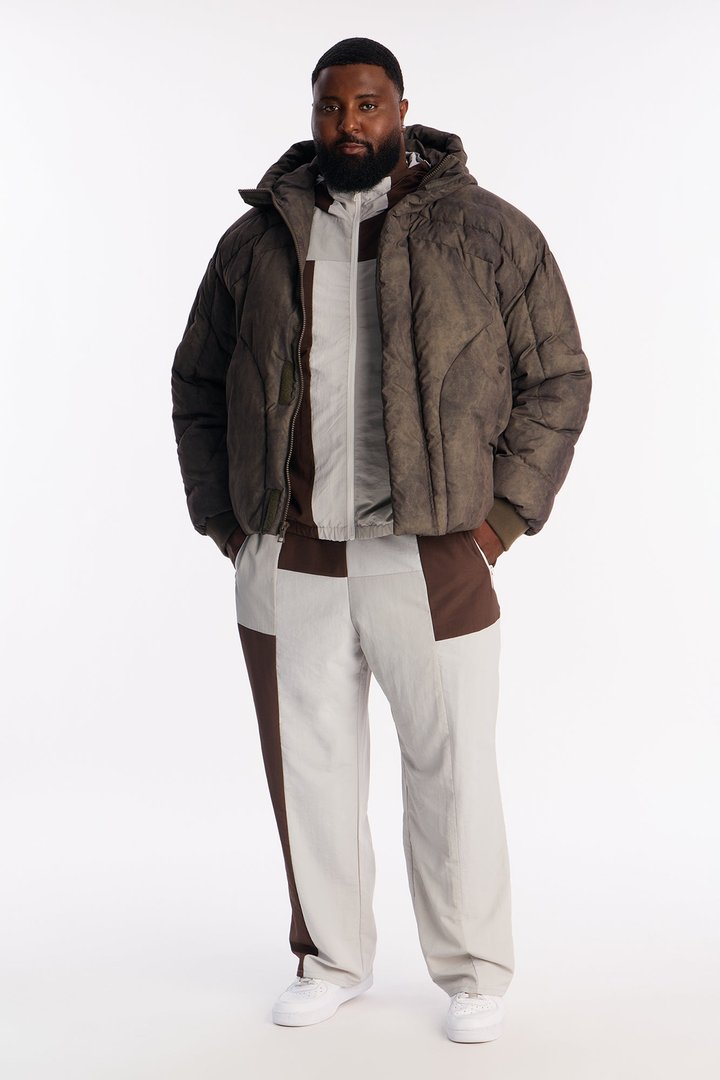 Oversized Hooded Spiraling Washed Puffer Jacket - Olive