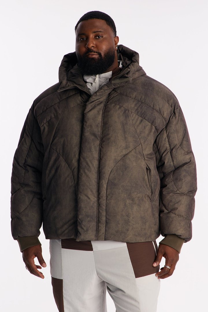 Oversized Hooded Spiraling Washed Puffer Jacket - Olive