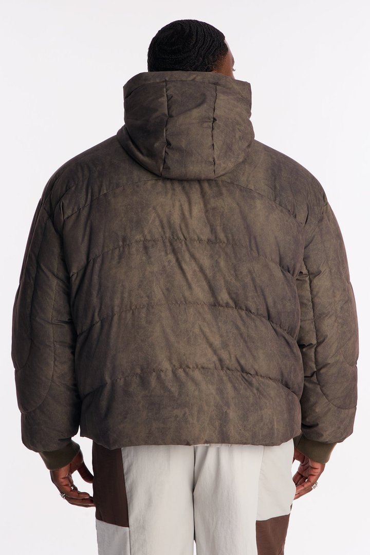 Oversized Hooded Spiraling Washed Puffer Jacket - Olive
