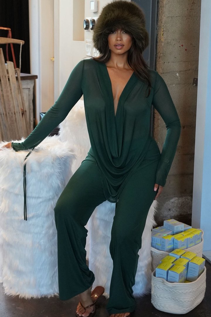 Silent Muse Cowl Neck Mesh Pant Set - Hunter