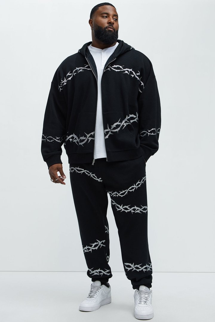 Tayson Barbed Wire Oversized Zip Hoodie - Black