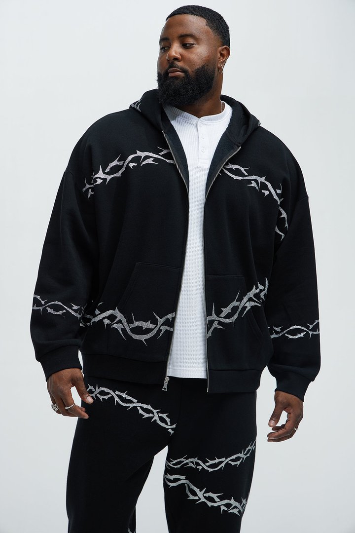 Tayson Barbed Wire Oversized Zip Hoodie - Black