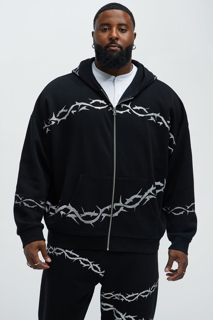 Tayson Barbed Wire Oversized Zip Hoodie - Black