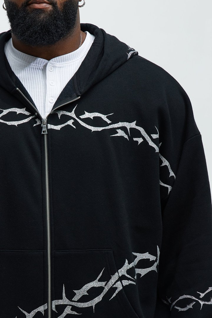Tayson Barbed Wire Oversized Zip Hoodie - Black