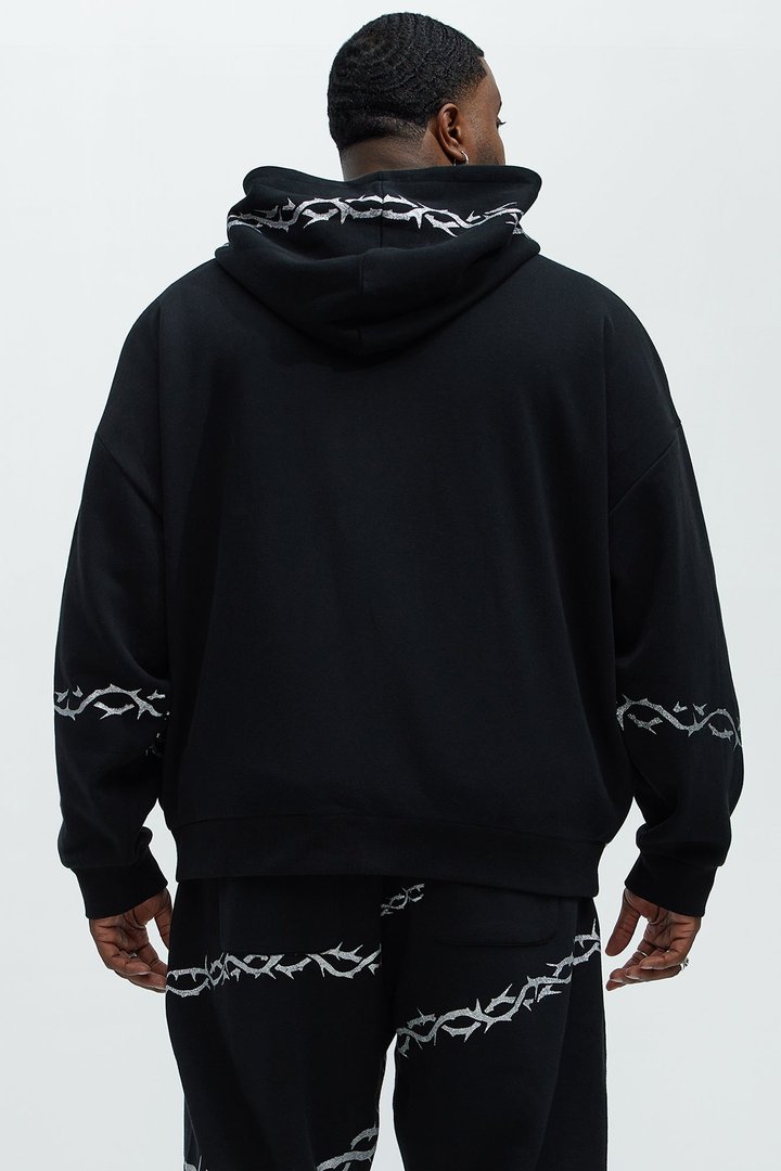 Tayson Barbed Wire Oversized Zip Hoodie - Black