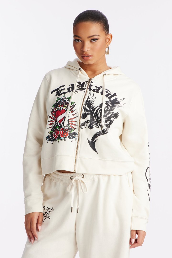 Ed Hardy Dragon Heart Zip Front Hoodie - Ivory