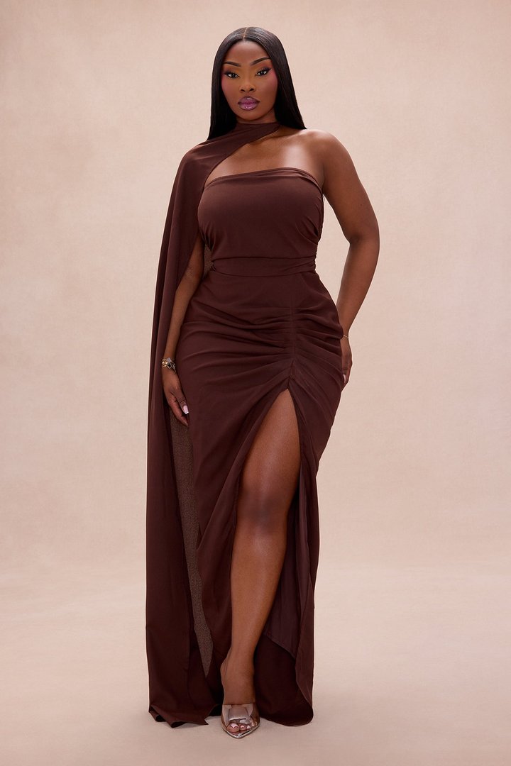 Luna Draped Sleeve Chiffon Maxi Dress - Chocolate