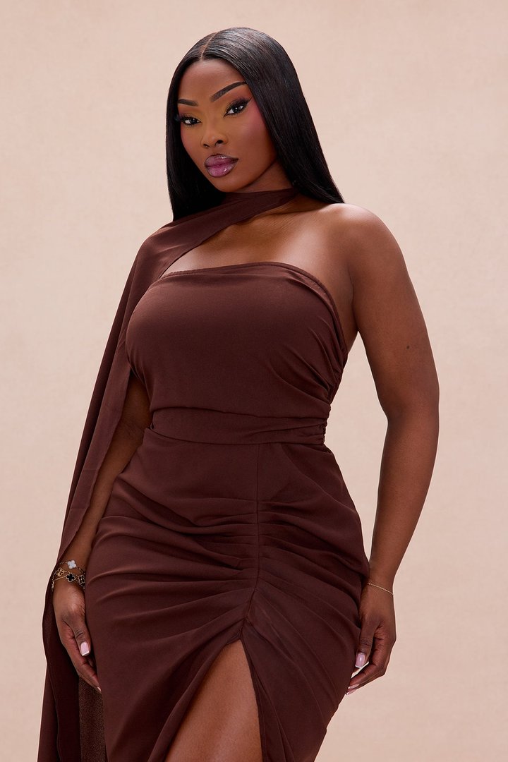 Luna Draped Sleeve Chiffon Maxi Dress - Chocolate