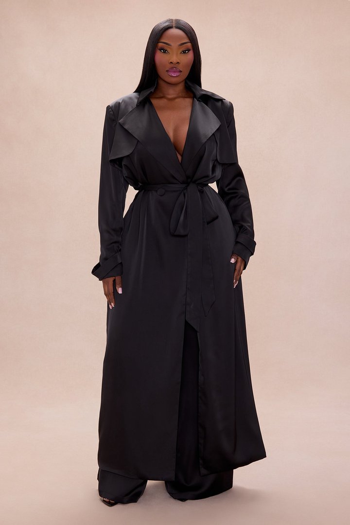 Gabriella Satin Trench Coat And Pant Set - Black