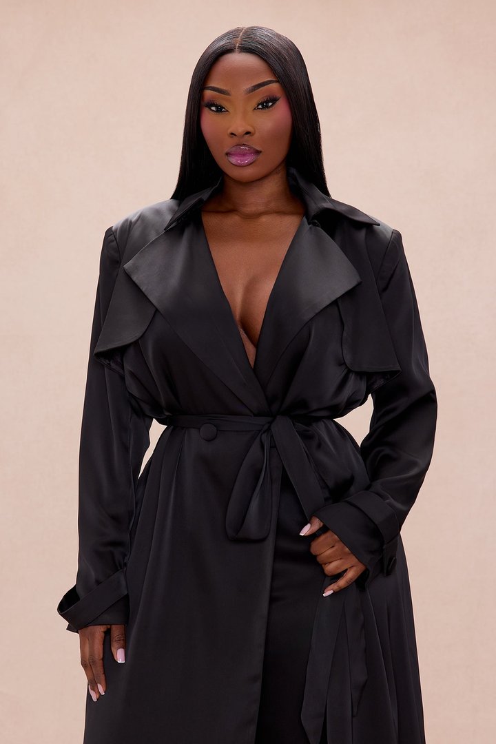 Gabriella Satin Trench Coat And Pant Set - Black