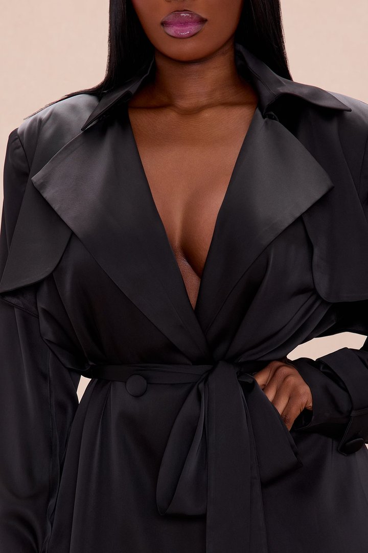 Gabriella Satin Trench Coat And Pant Set - Black