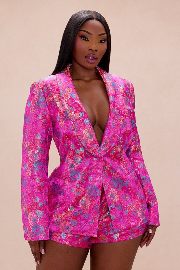 Sofia Satin Floral Short Suit Set - Fuchsia