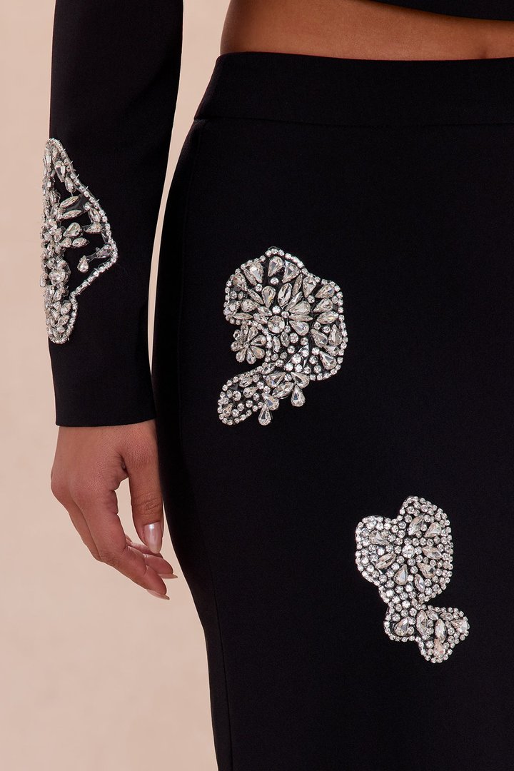 Monique Rhinestone Embellished Maxi Skirt - Black