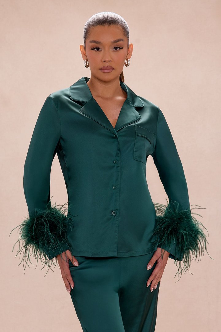 Alexandra Feathered Satin Pant Set - Hunter