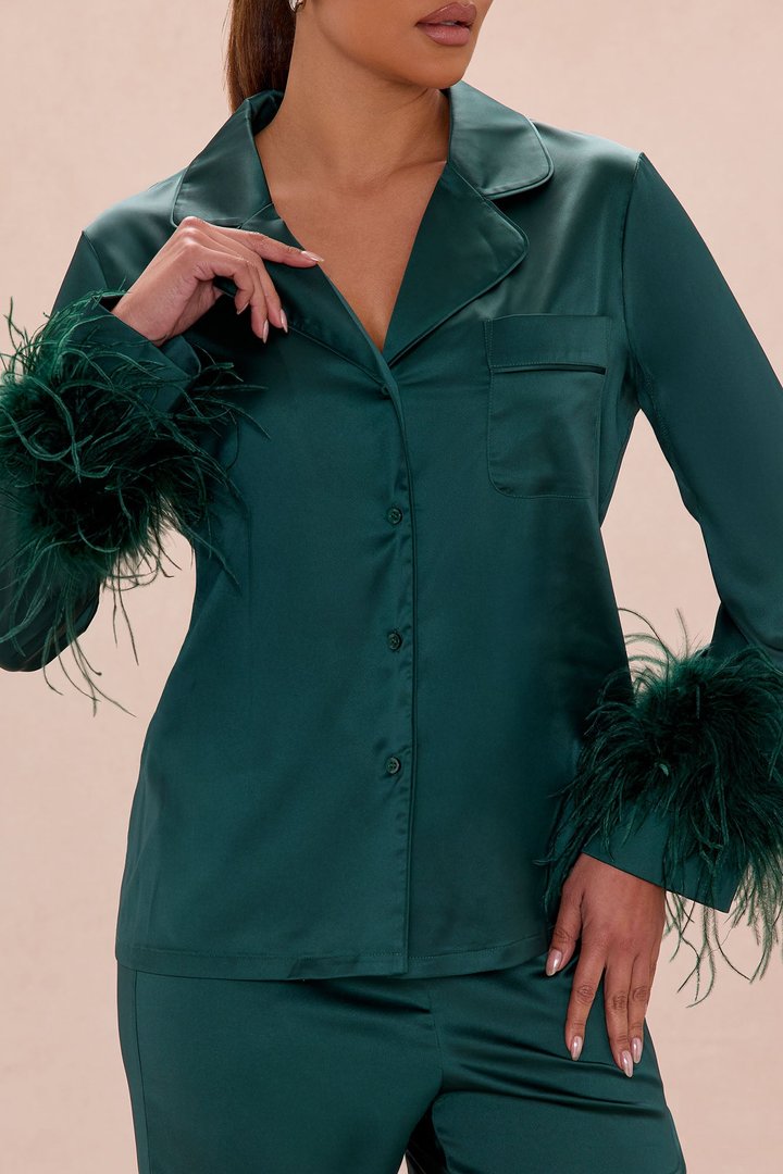 Alexandra Feathered Satin Pant Set - Hunter