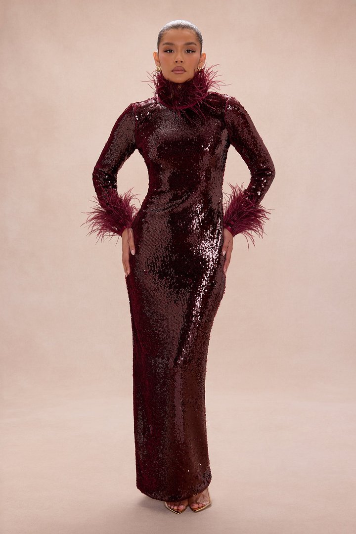 Robyn Sequin Feathered Maxi Dress - Burgundy
