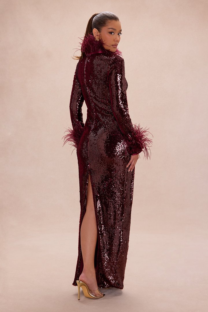 Robyn Sequin Feathered Maxi Dress - Burgundy