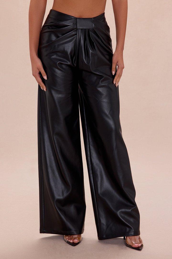 Kara Pleated Faux Leather Pants - Black