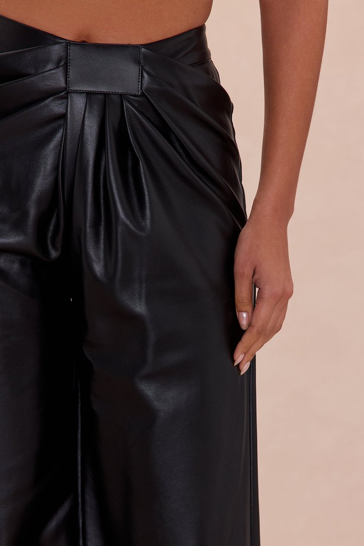 Kara Pleated Faux Leather Pants - Black