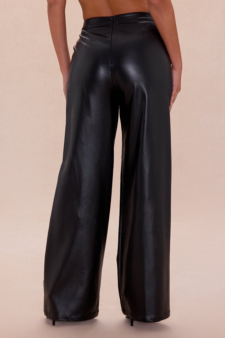 Kara Pleated Faux Leather Pants - Black