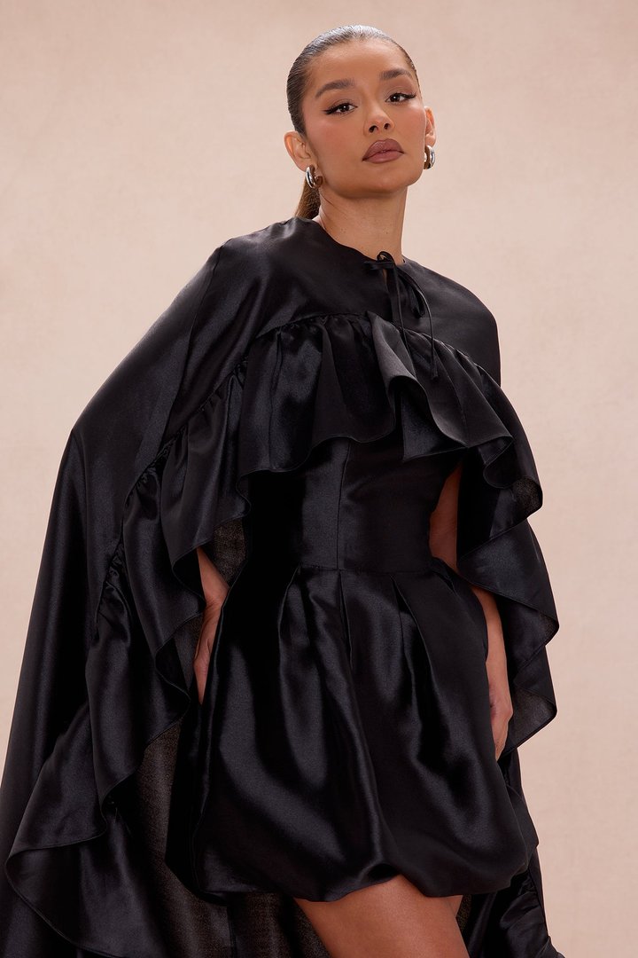 Chic Drama 2 Piece Cape Mini Dress Set - Black