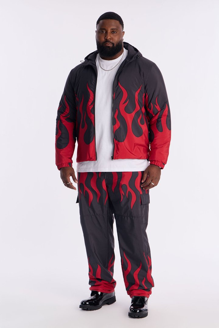 Hooded Chase Flame Puffer Jacket - Red/combo
