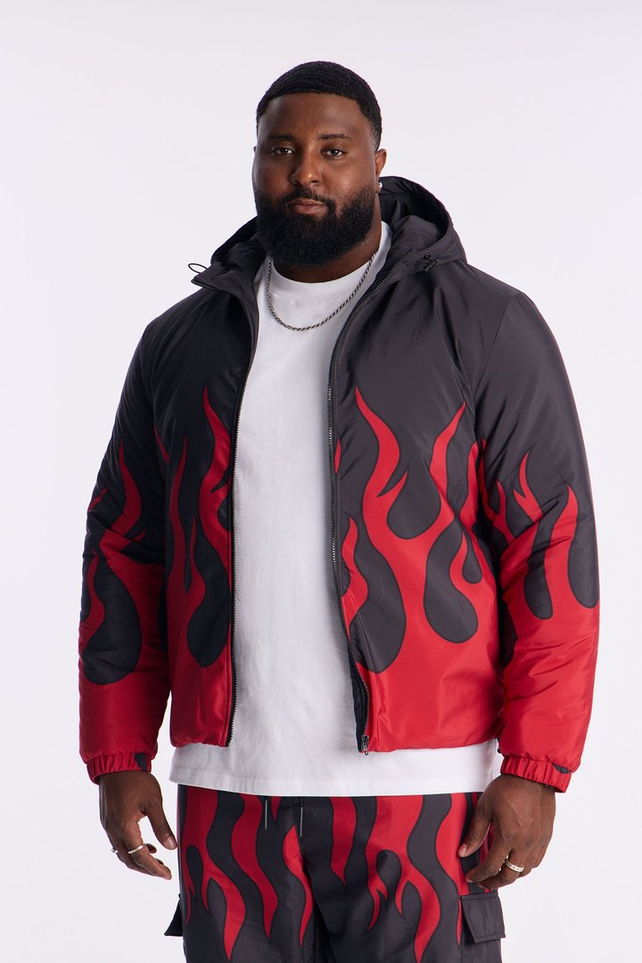 Hooded Chase Flame Puffer Jacket - Red/combo